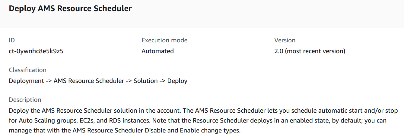 ID, 실행 모드 및 버전을 보여주는 AMS Resource Scheduler 변경 유형 세부 정보를 배포합니다.