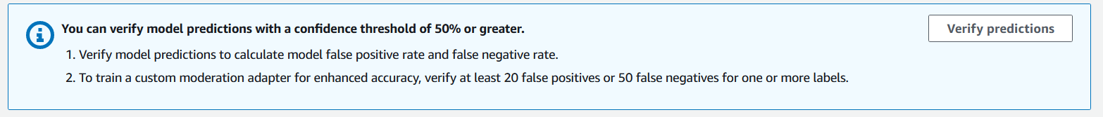 false positive 및 false negative 비율을 계산하기 위해 예측을 확인하거나 정확도 향상을 위해 사용자 지정 조절 어댑터를 훈련하라는 메시지가 표시되는 패널입니다.