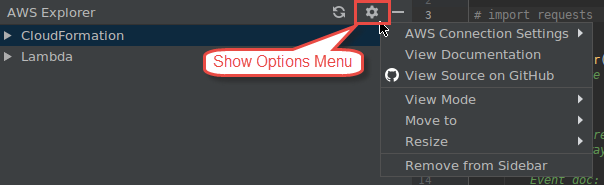 AWS Explorer 옵션 표시 메뉴