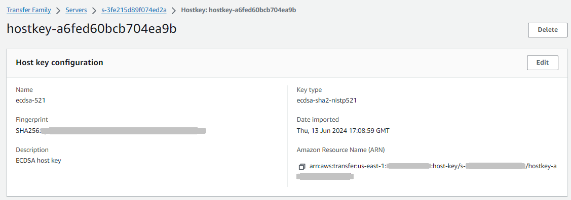 호스트키 세부 정보 콘솔 화면.