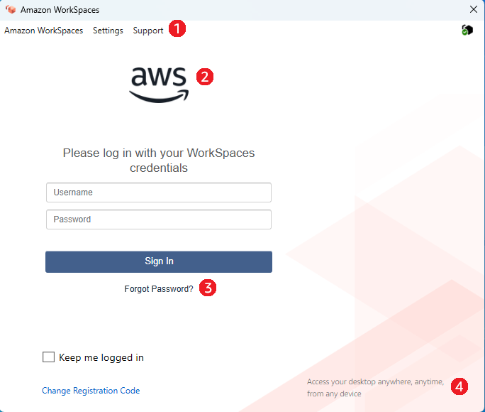 WorkSpaces 클라이언트 로그인 화면 - 레거시 로그인 흐름