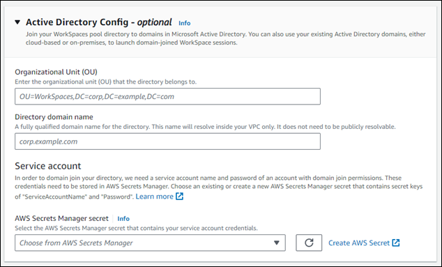 WorkSpaces 풀 디렉터리 생성 페이지의 Active Directory Config 섹션입니다.