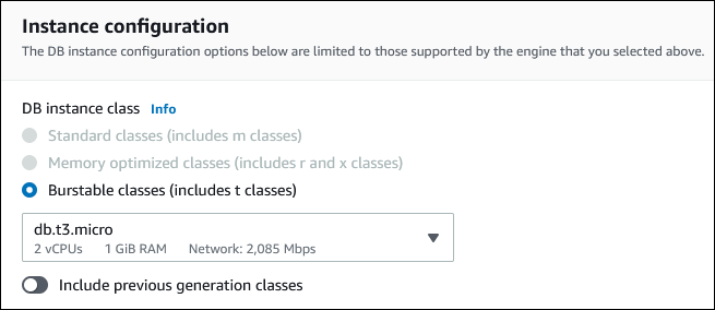 Seção Instance configuration (Configuração da instância)