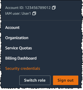 Link para credenciais de segurança do Console de Gerenciamento da AWS