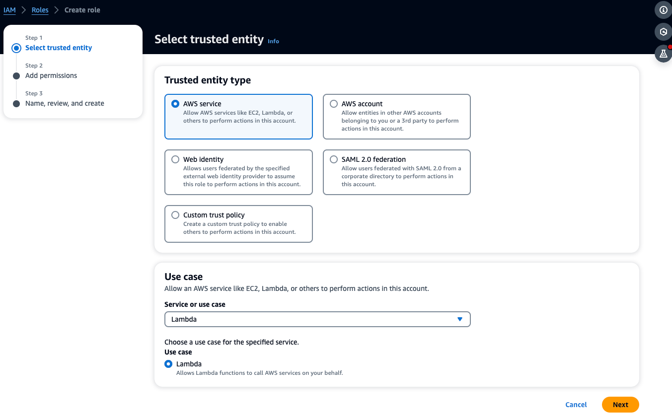 IAM assistente de criação de função mostrando o tipo de entidade AWS service (Serviço da AWS) selecionada como confiável com caso de Lambda uso.