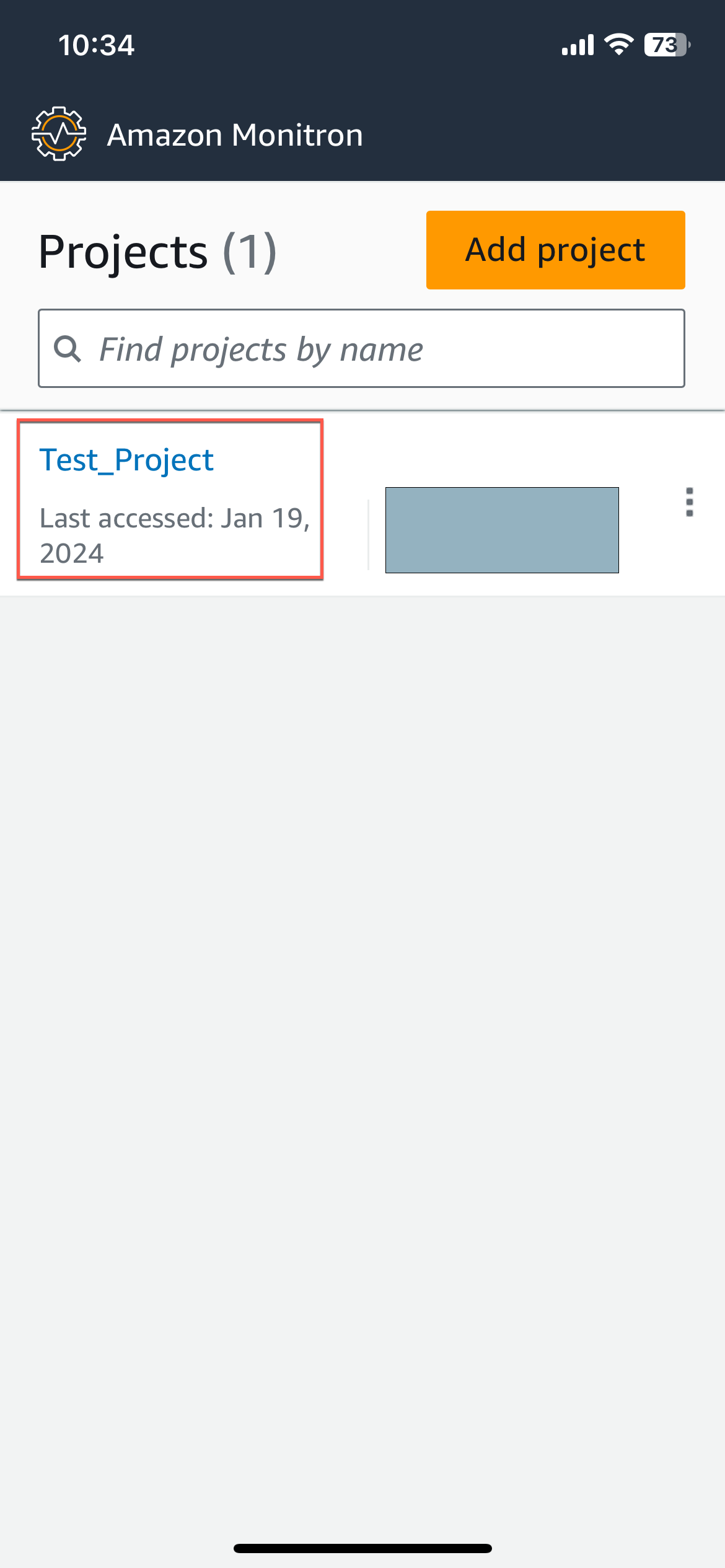 Amazon Monitron interface de aplicativo móvel mostrando a página de projetos com um Test_Project listado.