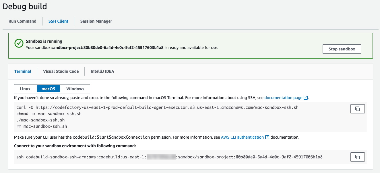 A página de sandbox do cliente SSH no console.