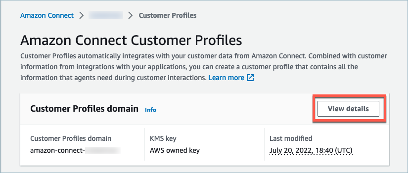 A página Connect Customer Customer Customer Profiles exclui o domínio, o botão Exibir detalhes do domínio.
