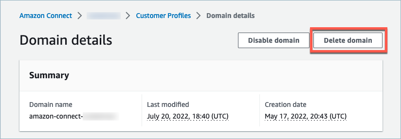 A página Connect Customer Customer Customer Profiles exclui domínio, o botão excluir domínio.