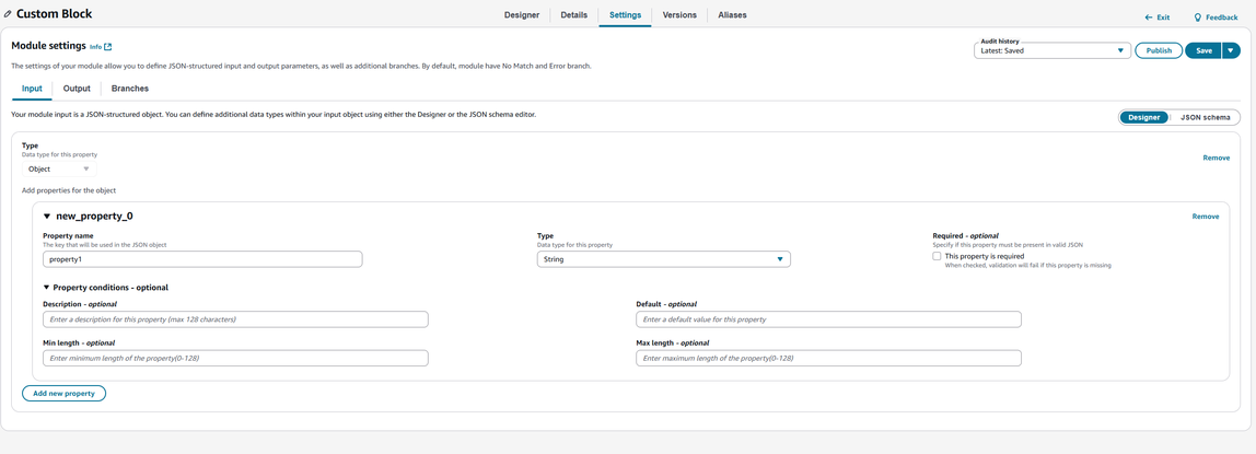 Modo de designer para configuração personalizada do módulo de bloco.