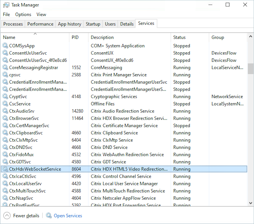 Usando o gerenciador de tarefas no Windows para reiniciar CitrixHdxWebSocketService.