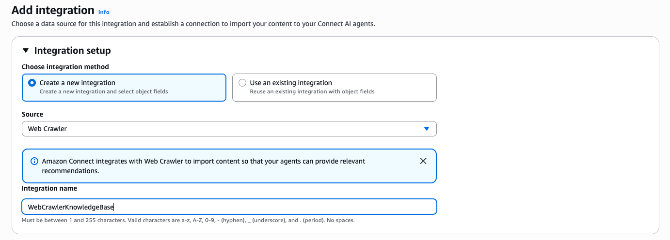 Página de configuração da integração do Web Crawler mostrando o campo Nome da integração, onde os usuários inserem um nome para a nova conexão.