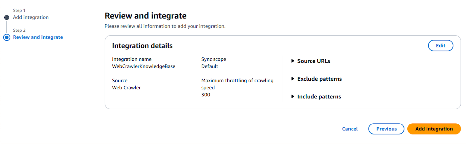 A página de revisão mostrando todos os detalhes de integração da configuração do Web Crawler antes do envio final.