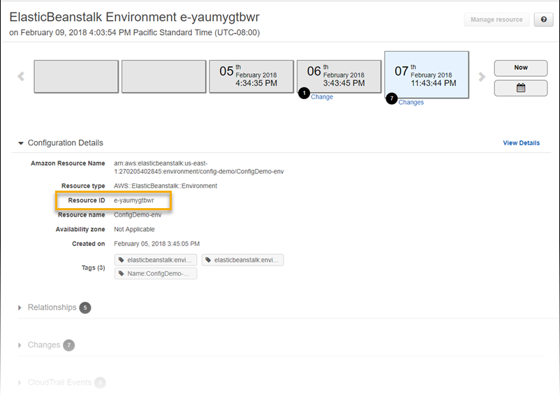 AWS Config página de detalhes do recurso mostrando detalhes de configuração para um ambiente do Elastic Beanstalk