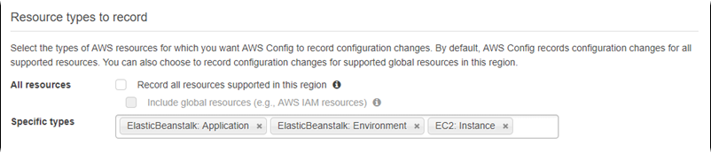 AWS Config página de configurações mostrando os tipos de recursos selecionados para registrar