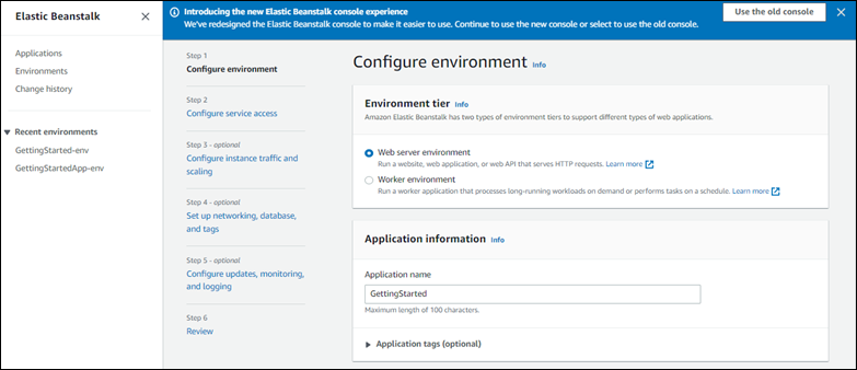 Configure o painel de ambiente. Etapas vinculáveis no lado esquerdo do painel. Marcado como opcional, se aplicável.