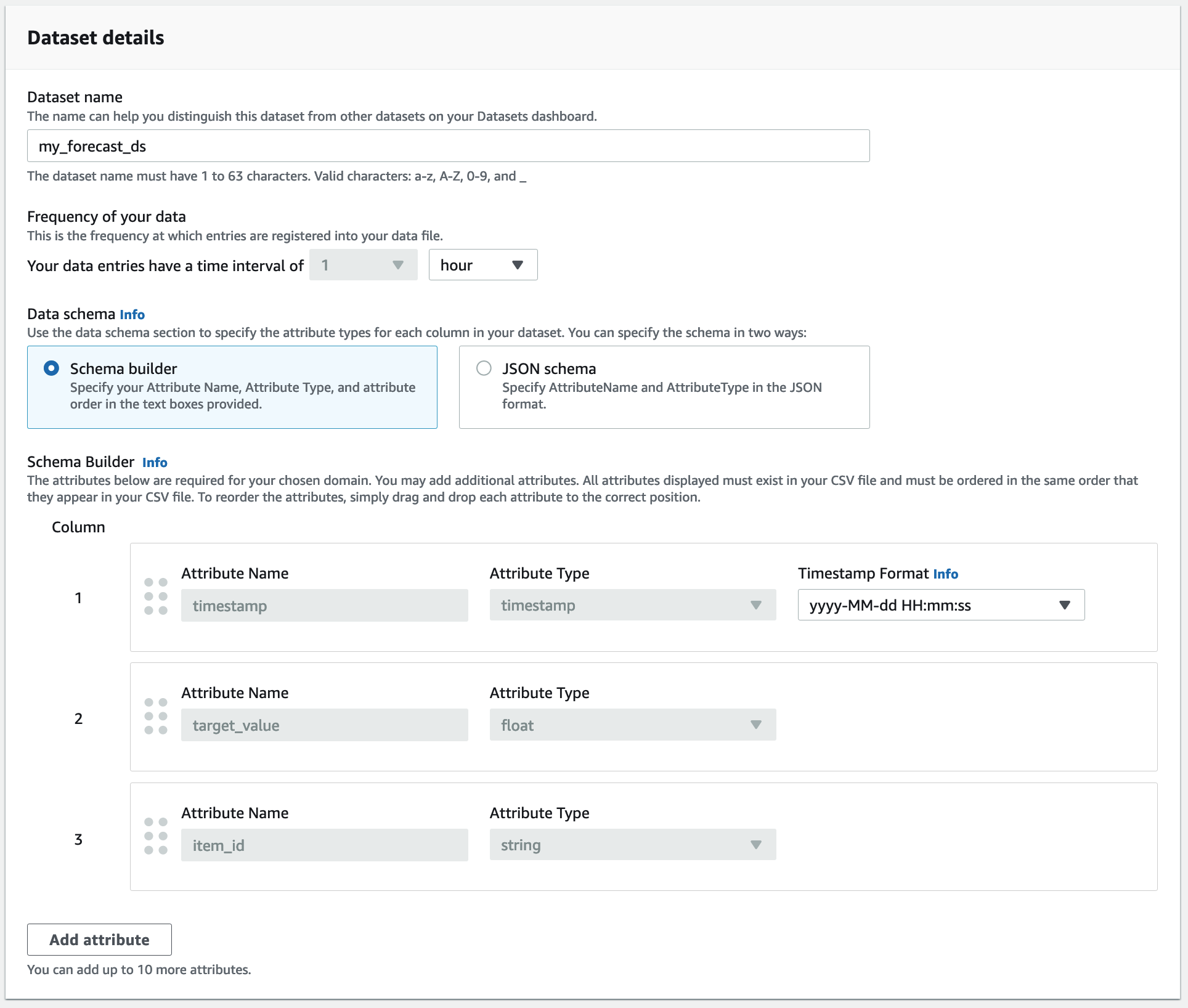 Painel de detalhes do conjunto de dados com o criador de esquemas mostrando os atributos timestamp, target_value e item_id.