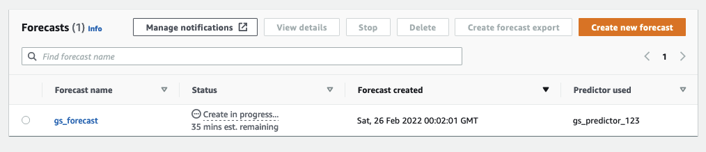 Página de previsões mostrando uma previsão chamada gs_forecast com o status Criar em andamento.