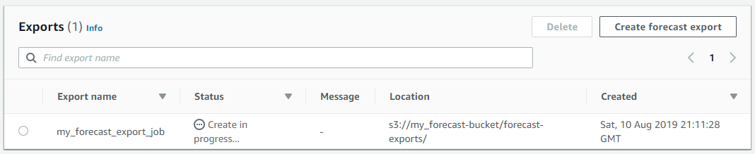 Tabela de exportações mostrando uma previsão de trabalho de exportação em andamento com nome, status e localização.