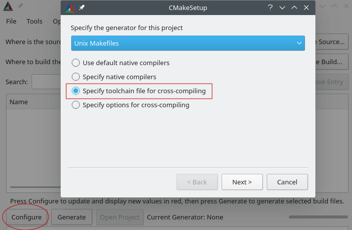 CMakeSetup caixa de diálogo com opções para especificar o gerador para o projeto como Unix Makefiles e especificar o arquivo da cadeia de ferramentas para compilação cruzada.