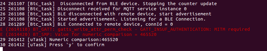 Saída do console mostrando a desconexão do dispositivo BLE, a desconexão do serviço MQTT, o início da transmissão de anúncios, a conexão BLE com o dispositivo remoto e uma solicitação para comparação numérica.