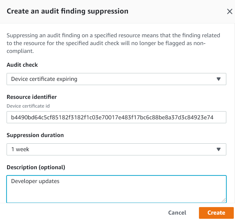 A página “Criar uma supressão da descoberta de auditoria”, na qual você precisa inserir as informações detalhadas.