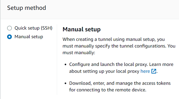 Duas opções para configurar uma conexão de túnel: Configuração rápida (SSH) ou Configuração manual, que requer a configuração de um proxy local e o gerenciamento de tokens de acesso.
