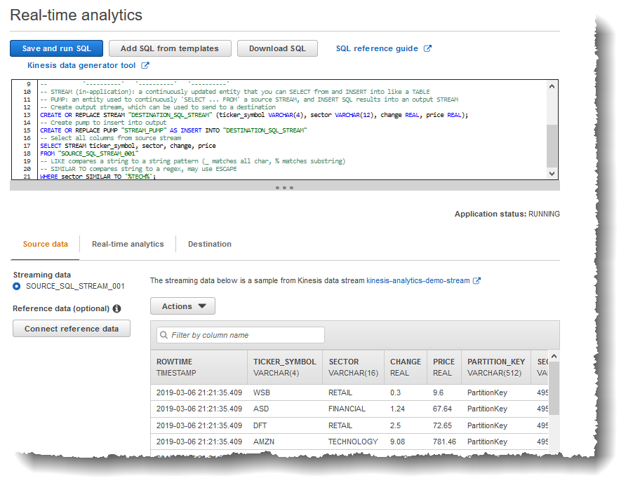 Captura de tela do editor SQL com os resultados mostrados na guia de análise em tempo real.