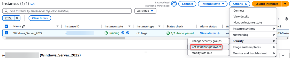 Obter a senha de administrador padrão do Windows Server no console do Amazon EC2.