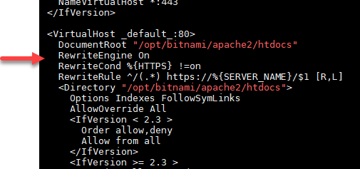 Arquivo de configuração do Apache editado para redirecionamento de HTTP para HTTPS.