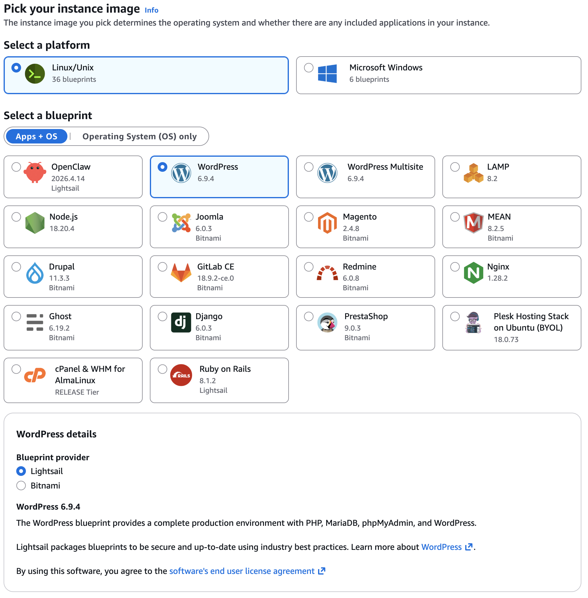 Escolha WordPress como sua imagem de instância do Lightsail