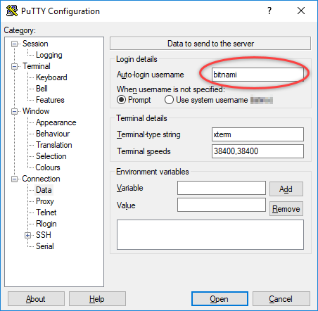 Nome do usuário da instância no PuTTY.
