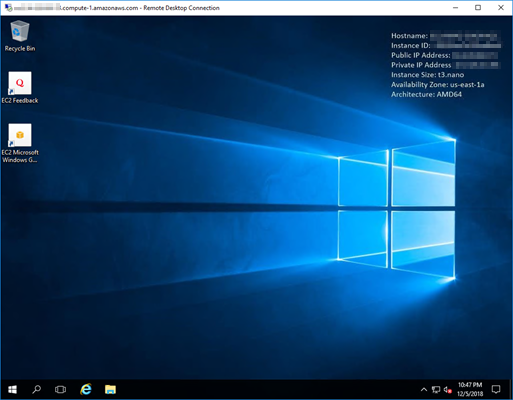 Conexão de Área de Trabalho Remota da Microsoft conectada à instância.