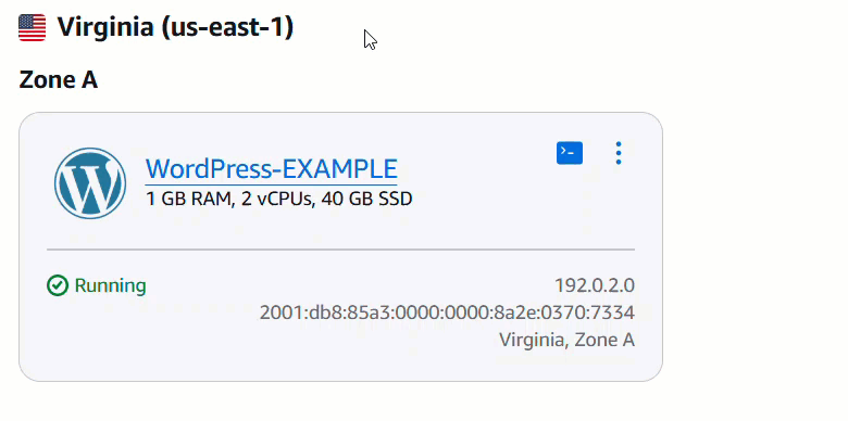 Animação mostrando como se conectar a uma instância a partir da página inicial do console Lightsail.