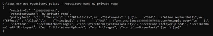 Resposta ao get-repository-policy comando para um repositório privado que tem uma declaração de política