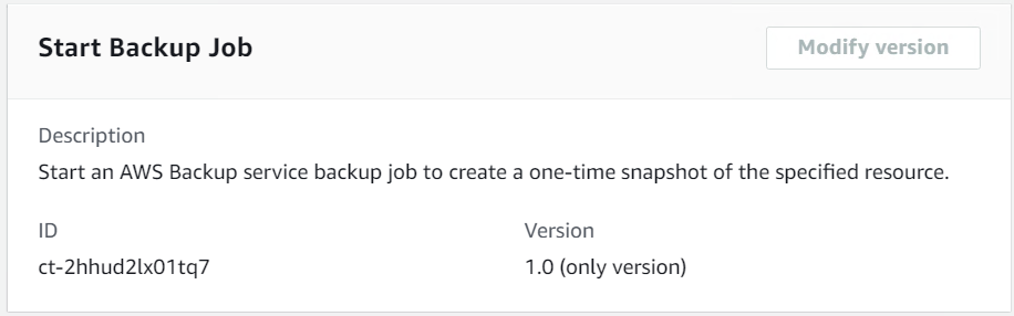 Inicie a interface do Backup Job com descrição, ID e detalhes da versão do AWS Backup serviço.