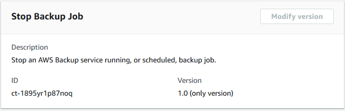 Tipo de alteração do Stop Backup Job mostrando descrição, ID ct-1895yr1p87noq e versão 1.0.