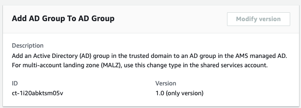 Formulário mostrando detalhes para adicionar um grupo do AD a outro grupo do AD no AD AMS gerenciado.