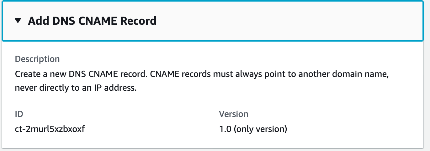 Adicione a interface de registro DNS CNAME mostrando o ID ct-2murl5xzbxoxf e a versão 1.0.