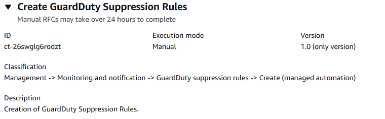GuardDuty Detalhes da criação de regras de supressão mostrando ID, modo de execução manual e versão 1.0.