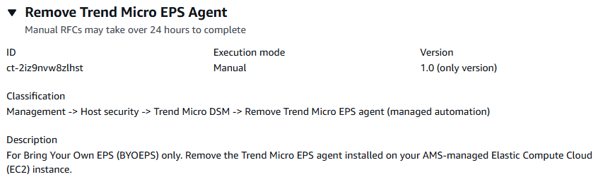 Console AMS Advanced, crie uma seção RFC, altere a caixa de detalhes do tipo para ct-2iz9nvw8zlhst: Remova o agente Trend Micro EPS (automação gerenciada).