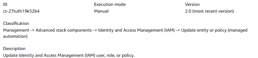 Atualize o tipo de alteração do IAM recurso com descrição, ID, versão e detalhes do modo de execução.