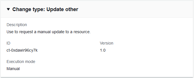 Alteração digite Atualizar outro com ID, versão 1.0 e modo de execução definido como Manual.