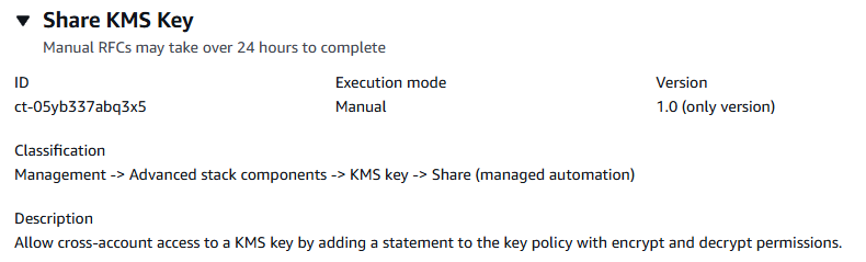 Compartilhe detalhes do tipo de alteração da chave KMS mostrando o modo de execução manual e o caminho de classificação.