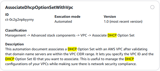 Captura de tela do tipo de alteração do conjunto de opções DHCP associado no console AMS