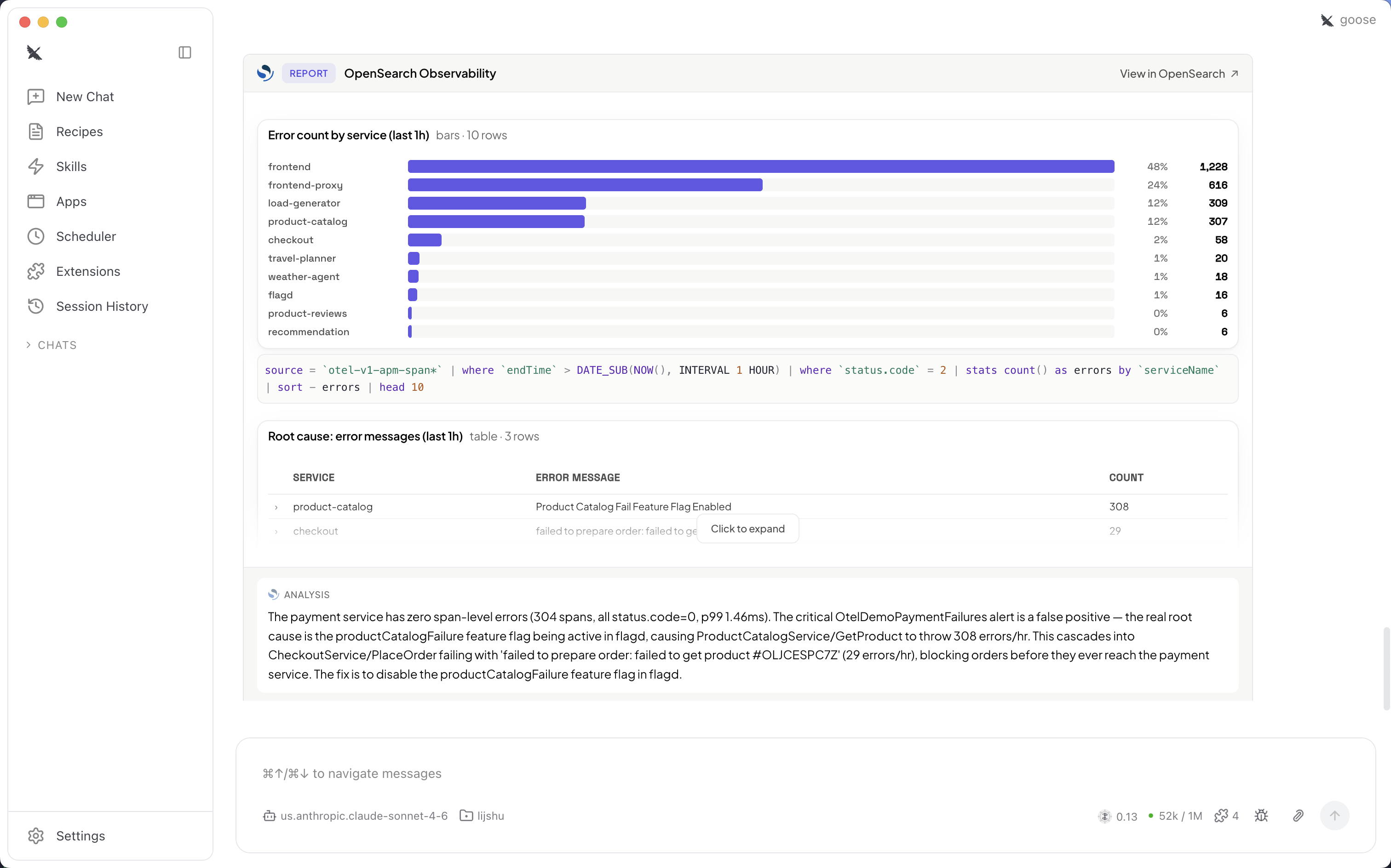 Relatório de observabilidade do aplicativo MCP mostrando um gráfico de barras de contagem de erros por serviço, uma tabela de causas básicas e um resumo da análise.