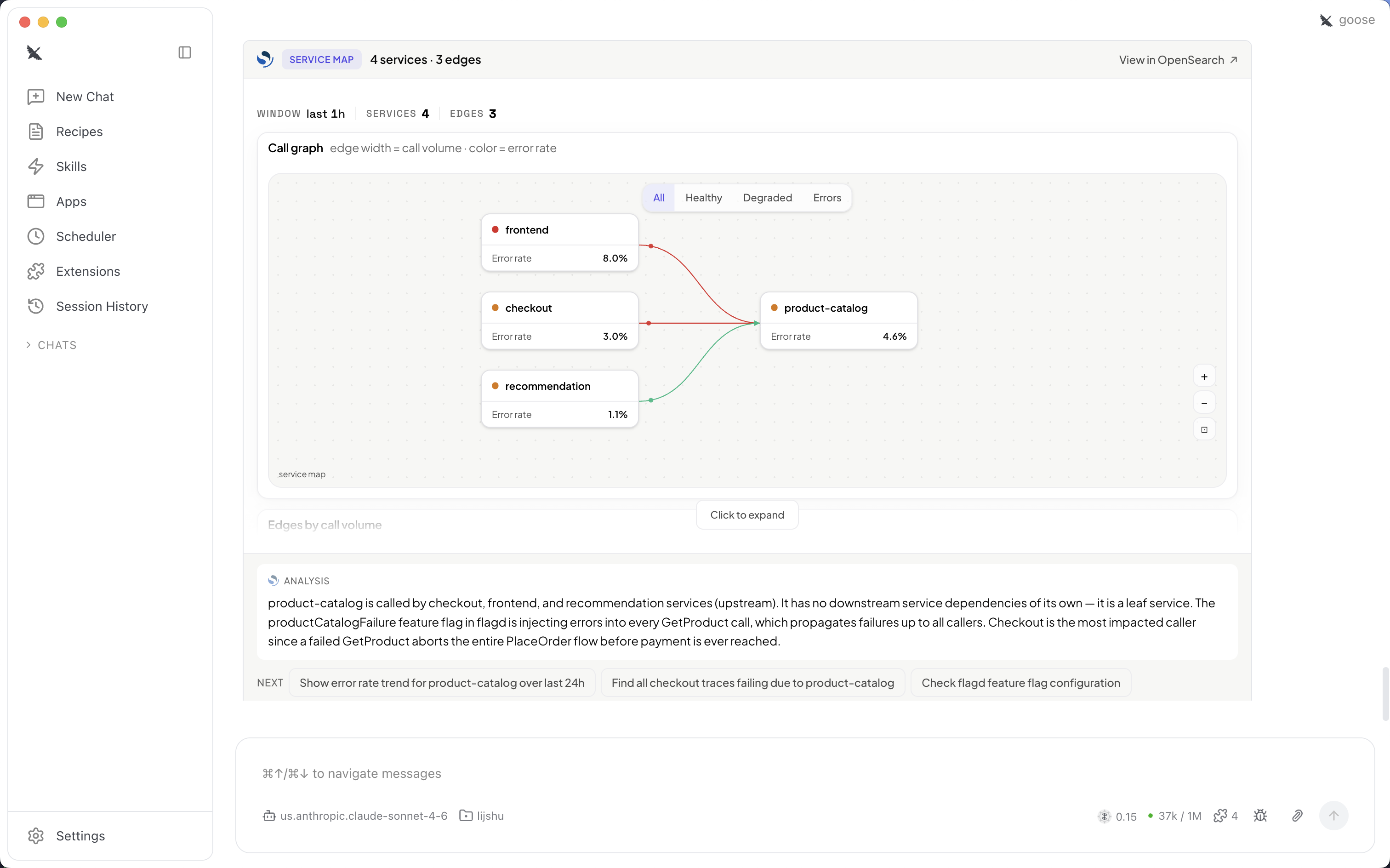 Mapa do serviço MCP App mostrando um gráfico de chamadas com taxas de erro por serviço e limites de dependência.