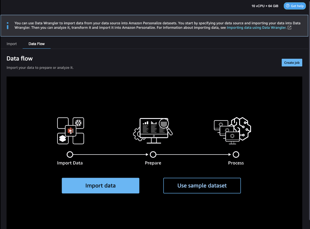 Representa a página Fluxo de dados do Data Wrangler com as opções Importar dados e Usar o conjunto de dados de amostra.