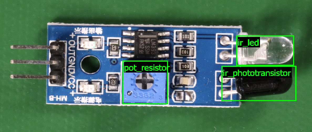 Placa de circuito com LED IV, fototransistor e potenciômetro para ajustes.