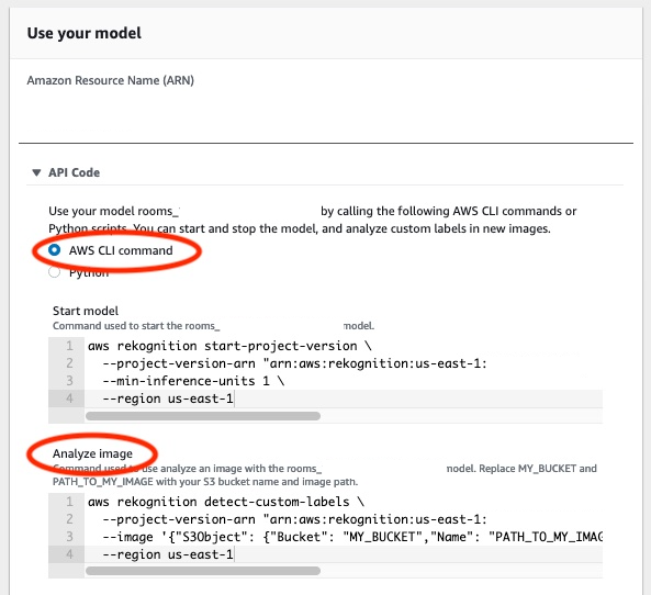 Comando da AWS CLI para analisar uma imagem com um modelo personalizado, mostrando espaços reservados a serem substituídos pelo ARN do projeto e pelo nome do bucket.